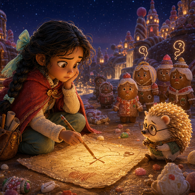 The Caramel Cartographer of Sweet Kingdom panel 1, hero Sela with companion Mallow in Sweet Kingdom, caramel map, digital 3D whimsical fantasy storybook illustration, no text