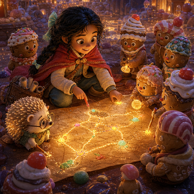 The Caramel Cartographer of Sweet Kingdom panel 2, hero Sela with companion Mallow in Sweet Kingdom, caramel map, digital 3D whimsical fantasy storybook illustration, no text