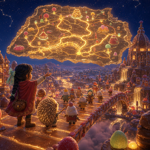 The Caramel Cartographer of Sweet Kingdom panel 3, hero Sela with companion Mallow in Sweet Kingdom, caramel map, digital 3D whimsical fantasy storybook illustration, no text