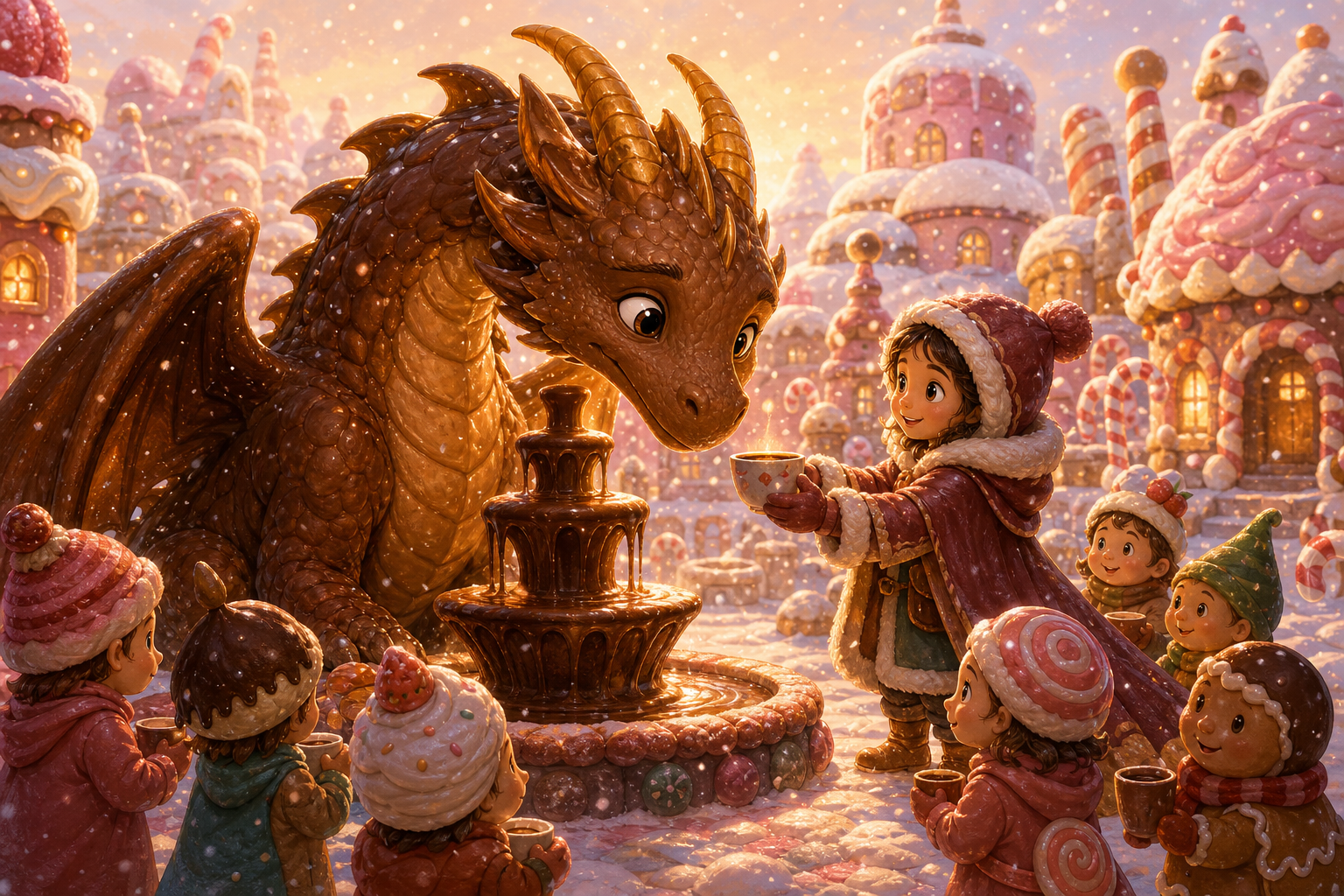 Lina solving a magical puzzle involving a cocoa dragon guarding the only warm fountain during sugar snow
