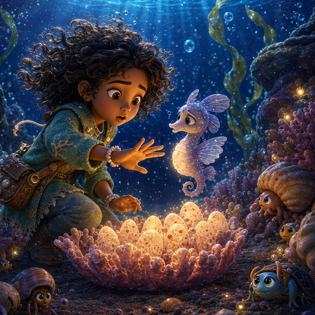 The Coral Moon Nursery of Underwater World panel 1, hero Neri with companion Pip in Underwater World, coral moon nursery, digital 3D whimsical fantasy storybook illustration, no text