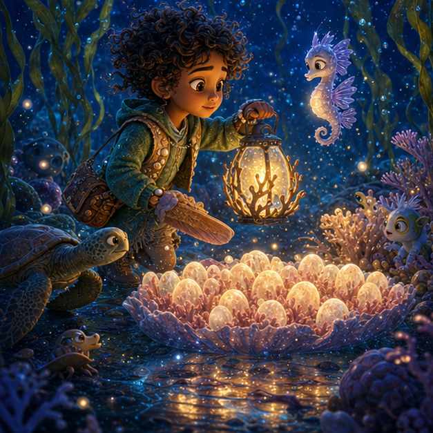 The Coral Moon Nursery of Underwater World panel 2, hero Neri with companion Pip in Underwater World, coral moon nursery, digital 3D whimsical fantasy storybook illustration, no text