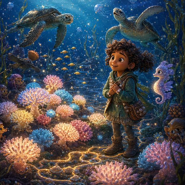 The Coral Moon Nursery of Underwater World panel 3, hero Neri with companion Pip in Underwater World, coral moon nursery, digital 3D whimsical fantasy storybook illustration, no text