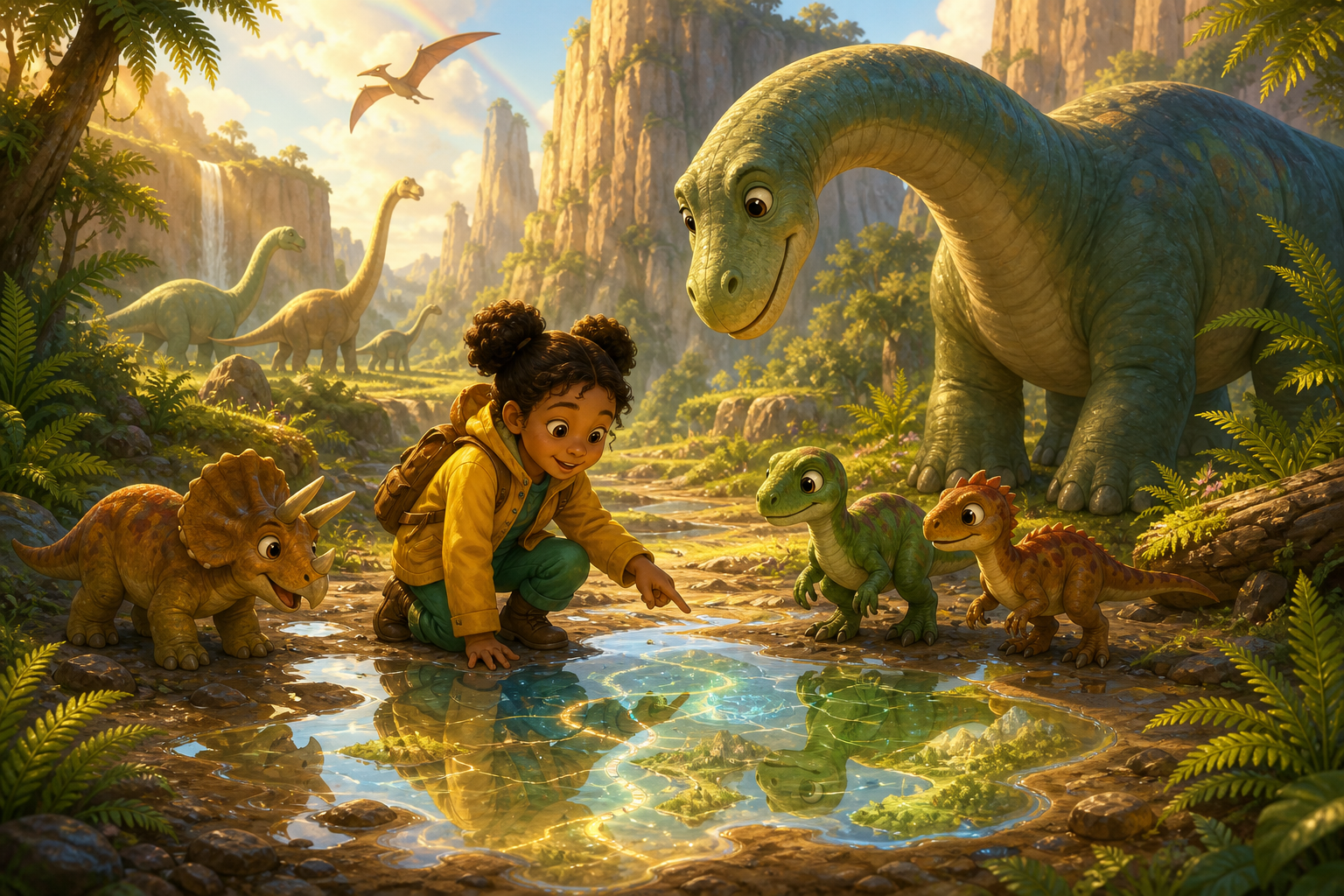 storybook scene with a puddle map reflecting safe paths through gentle giants