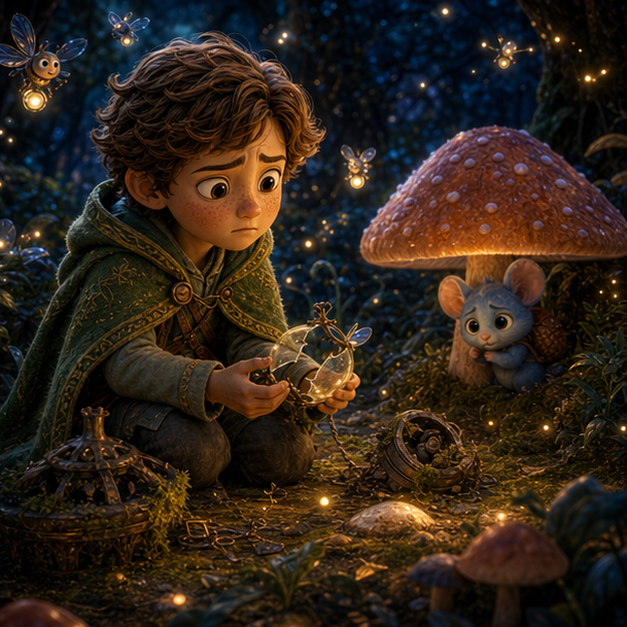 The Moss Lantern Apology of Magic Forest panel 1, hero Elian with companion Bria in Magic Forest, moss lantern, digital 3D whimsical fantasy storybook illustration, no text
