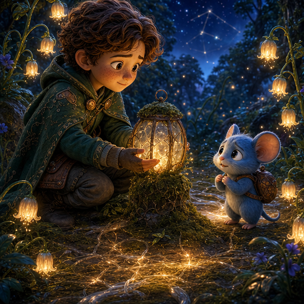 The Moss Lantern Apology of Magic Forest panel 2, hero Elian with companion Bria in Magic Forest, moss lantern, digital 3D whimsical fantasy storybook illustration, no text