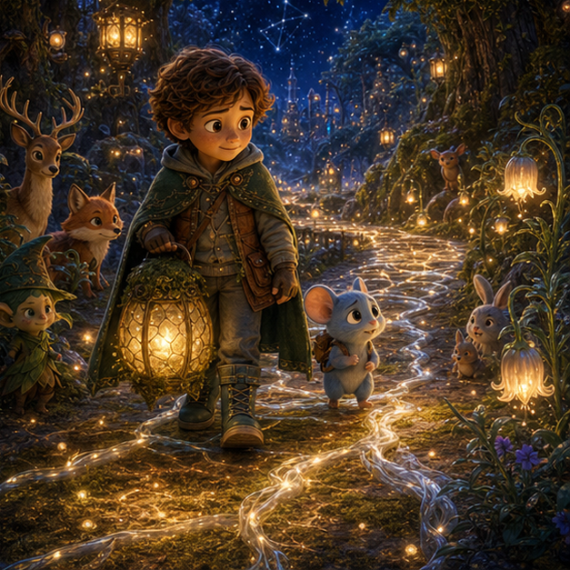 The Moss Lantern Apology of Magic Forest panel 3, hero Elian with companion Bria in Magic Forest, moss lantern, digital 3D whimsical fantasy storybook illustration, no text