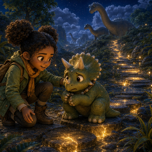 The Pebble Crown of Dinosaur Valley panel 1, hero Mara with companion Tuck in Dinosaur Valley, pebble crown, digital 3D whimsical fantasy storybook illustration, no text