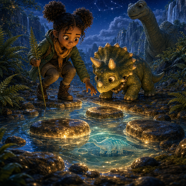 The Pebble Crown of Dinosaur Valley panel 2, hero Mara with companion Tuck in Dinosaur Valley, pebble crown, digital 3D whimsical fantasy storybook illustration, no text
