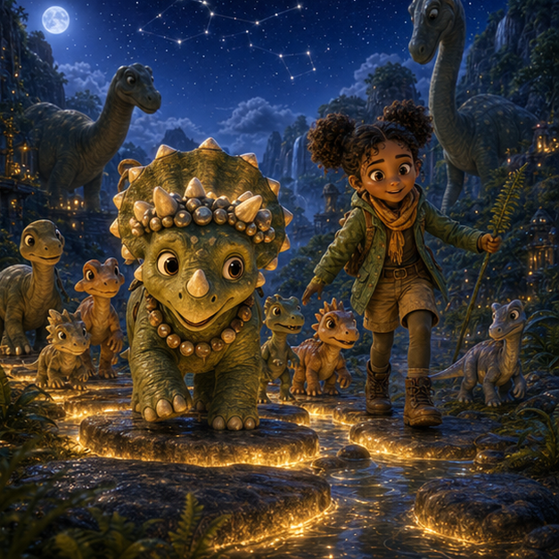 The Pebble Crown of Dinosaur Valley panel 3, hero Mara with companion Tuck in Dinosaur Valley, pebble crown, digital 3D whimsical fantasy storybook illustration, no text