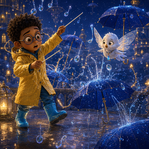 The Sapphire Umbrella Orchestra of Cloud City panel 1, hero Oren with companion Pippa in Cloud City, sapphire umbrella orchestra, digital 3D whimsical fantasy storybook illustration, no text