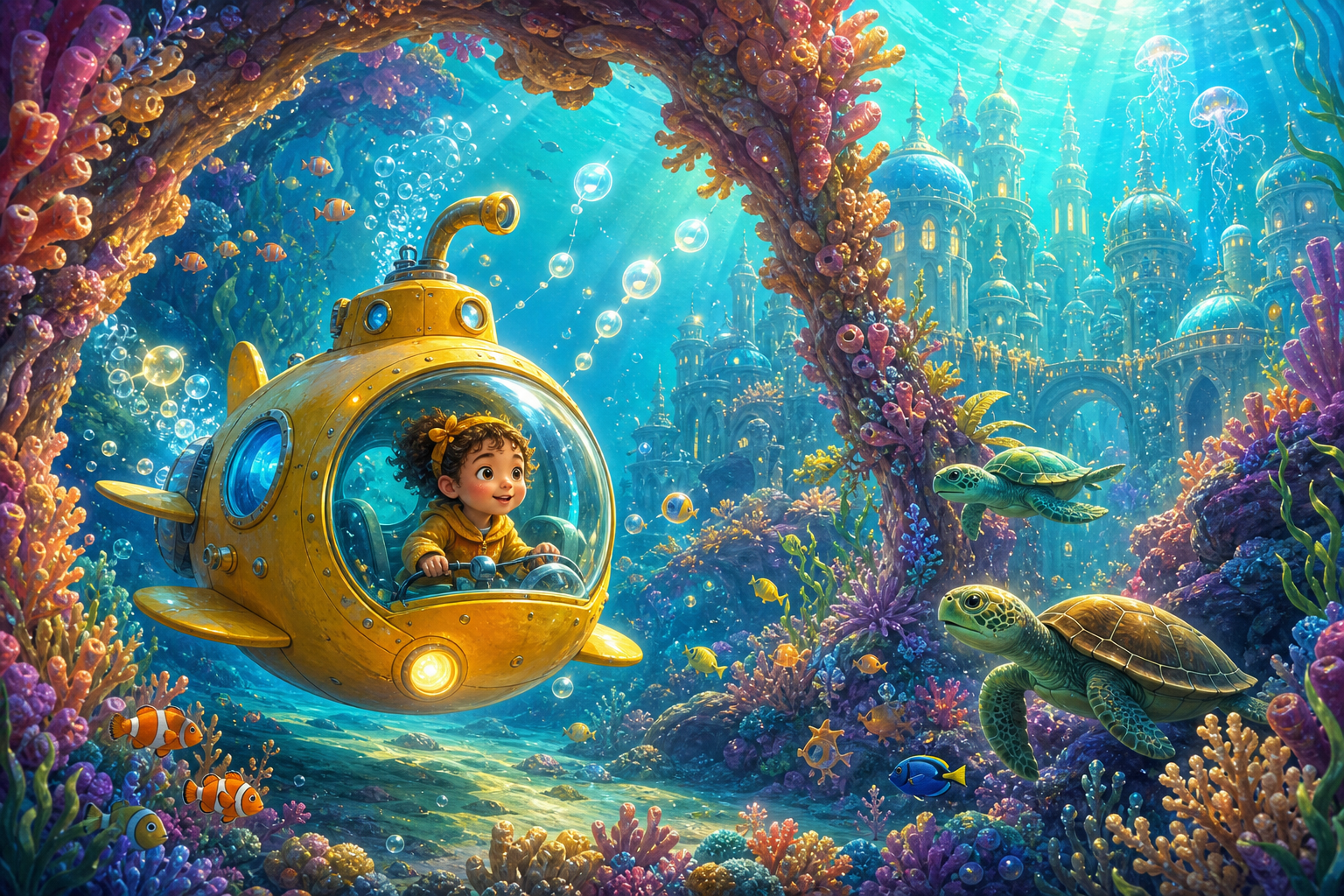 storybook scene with a tiny submarine following musical bubbles into a coral maze