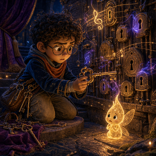 The Velvet Key Choir of Hidden Castle panel 1, hero Rowan with companion Luma in Hidden Castle, velvet key choir, digital 3D whimsical fantasy storybook illustration, no text