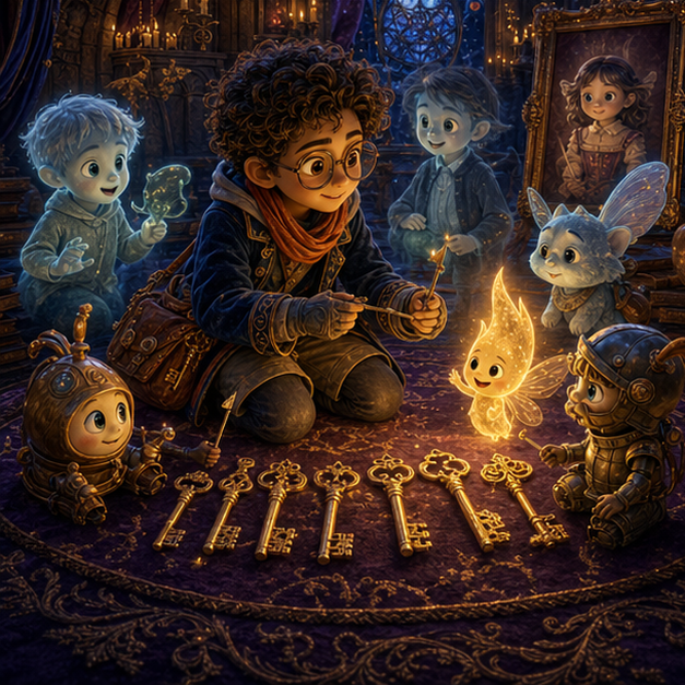 The Velvet Key Choir of Hidden Castle panel 2, hero Rowan with companion Luma in Hidden Castle, velvet key choir, digital 3D whimsical fantasy storybook illustration, no text