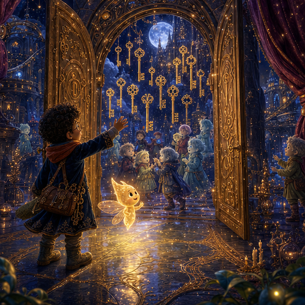 The Velvet Key Choir of Hidden Castle panel 3, hero Rowan with companion Luma in Hidden Castle, velvet key choir, digital 3D whimsical fantasy storybook illustration, no text