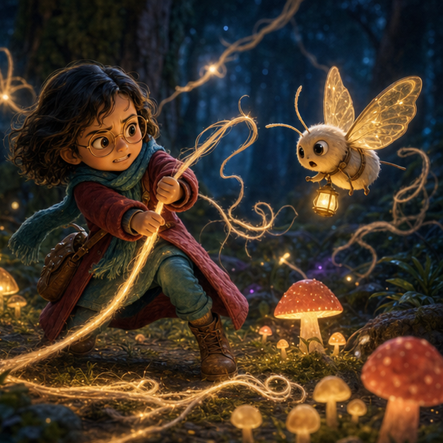 Nika pulls glowing wool star threads too quickly while Timo the lantern moth warns gently among glowing mushrooms in Magic Forest, loose threads floating under indigo constellations, whimsical 3D fantasy style