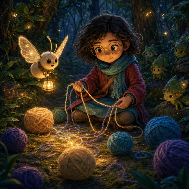 Nika sits patiently on a mossy stone sorting colored wool star threads while Timo holds a warm lantern and tiny sprites peek from leaves in Magic Forest, whimsical 3D fantasy style