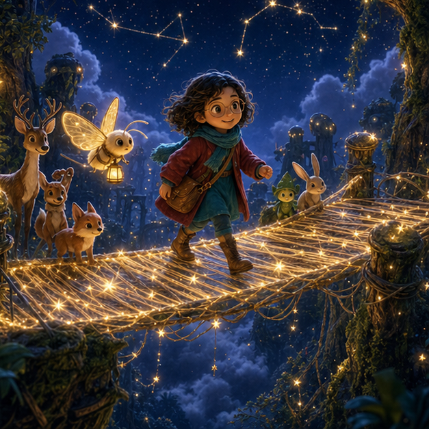 Nika and Timo cross the completed glowing wool star bridge with forest friends under constellations and warm lantern light in Magic Forest, whimsical 3D fantasy style